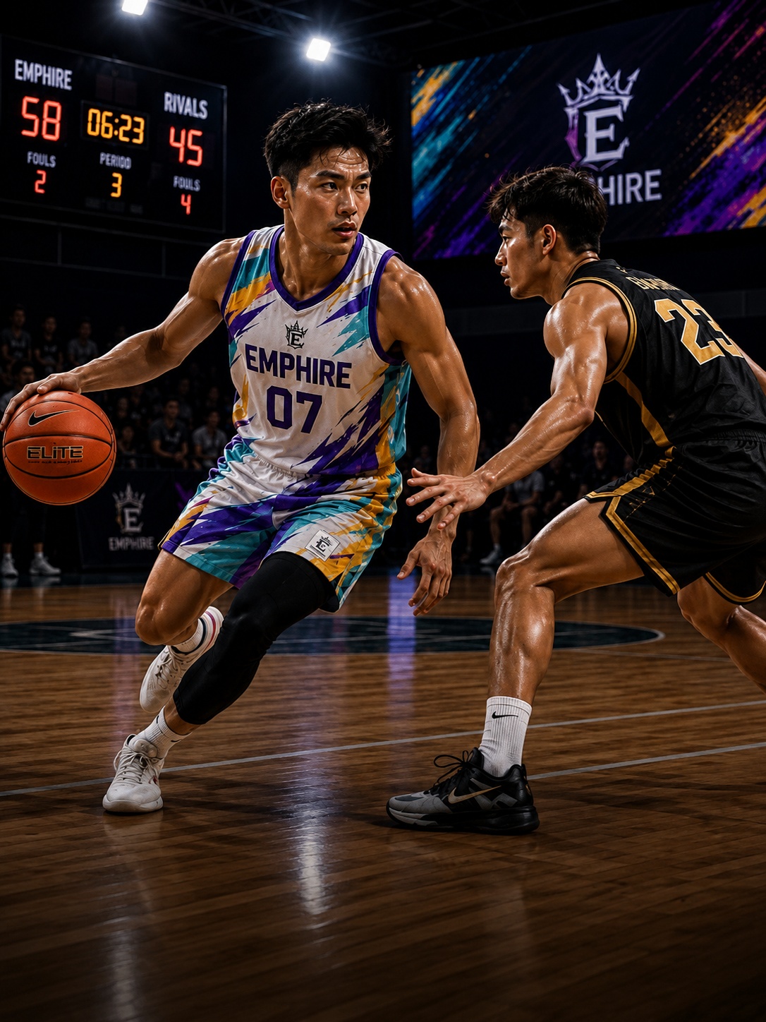 Basketball players wearing custom uniforms