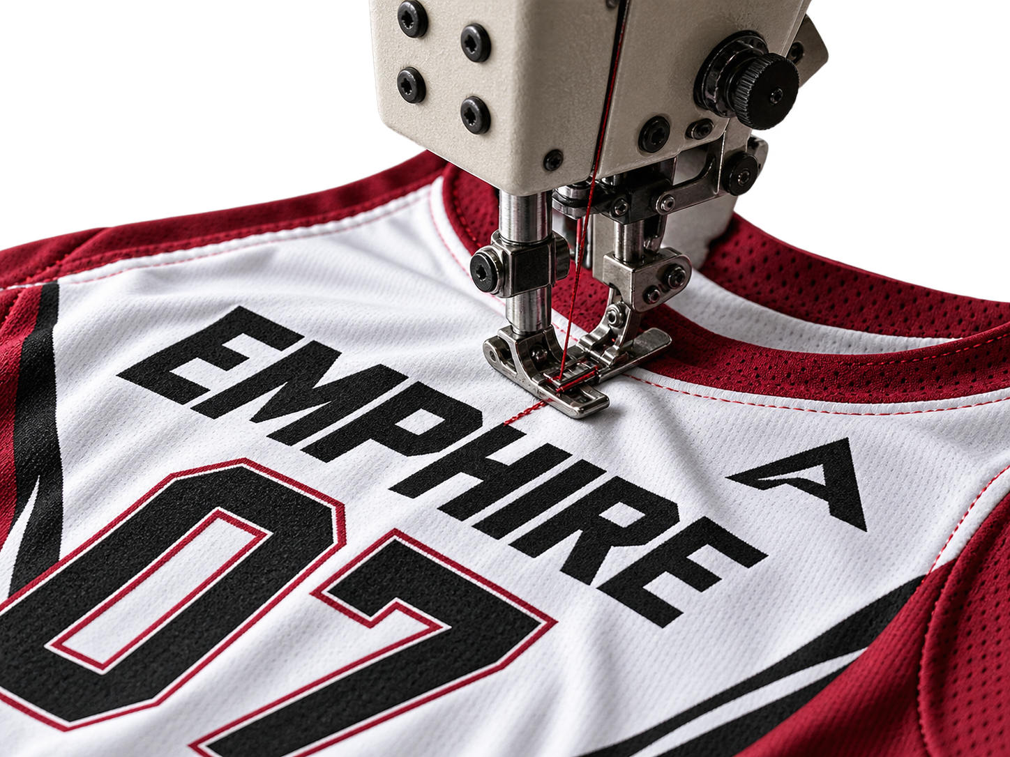 Basketball jersey being stitched in production